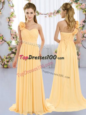 On Sale Gold Empire Chiffon One Shoulder Sleeveless Hand Made Flower Lace Up Wedding Party Dress Brush Train