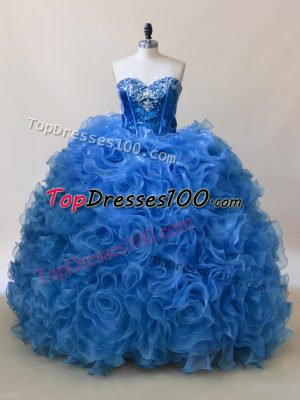 Discount Fabric With Rolling Flowers Sweetheart Sleeveless Lace Up Ruffles and Sequins Quinceanera Dress in Blue