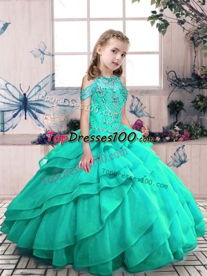 Unique Turquoise High-neck Lace Up Beading and Ruffled Layers Pageant Dresses Sleeveless