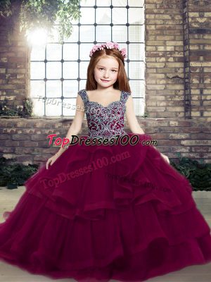 Straps Sleeveless Lace Up Girls Pageant Dresses Fuchsia Tulle
