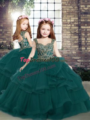 Ball Gowns Child Pageant Dress Peacock Green Straps Tulle Sleeveless Floor Length Lace Up