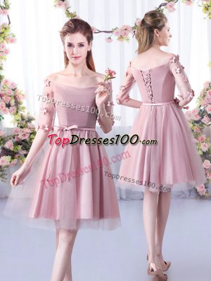Fashionable Pink Lace Up Off The Shoulder Belt Bridesmaid Gown Tulle Half Sleeves