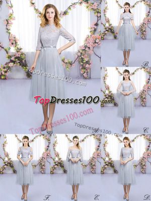 Glorious Grey High-neck Zipper Lace and Belt Court Dresses for Sweet 16 Half Sleeves