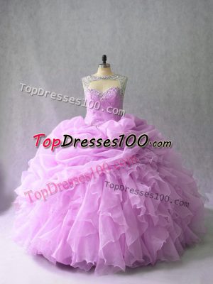 Scoop Sleeveless Quinceanera Gown Brush Train Beading and Ruffles Lilac Organza