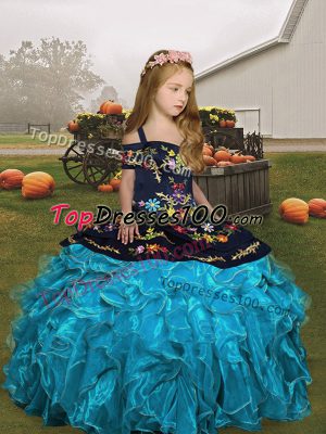 Exquisite Aqua Blue Ball Gowns Organza Straps Sleeveless Embroidery and Ruffles Floor Length Lace Up Pageant Dress Womens