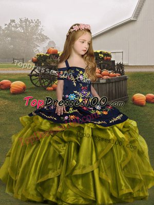 Luxurious Olive Green Lace Up Straps Embroidery and Ruffles Little Girls Pageant Dress Organza Sleeveless