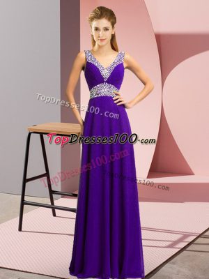 Dramatic Purple Sleeveless Floor Length Beading Lace Up Prom Evening Gown
