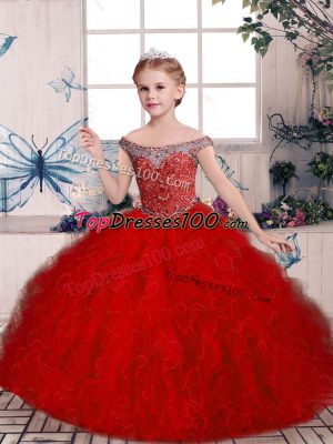 Red Off The Shoulder Neckline Beading and Ruffles Kids Formal Wear Sleeveless Lace Up