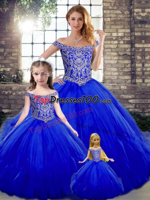 Custom Made Off The Shoulder Sleeveless Tulle Quinceanera Gowns Beading and Ruffles Lace Up