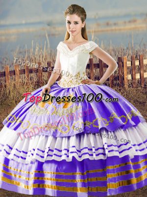 Classical White And Purple Sleeveless Embroidery and Ruffled Layers Floor Length Quinceanera Dress