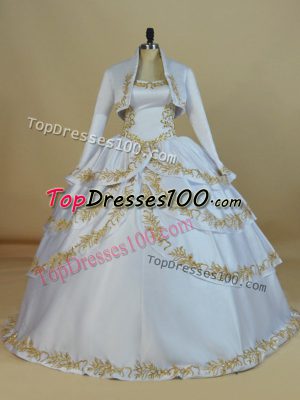 White Lace Up Ball Gown Prom Dress Embroidery Sleeveless Floor Length