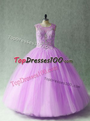 Charming Lilac Sleeveless Floor Length Beading Lace Up Quince Ball Gowns