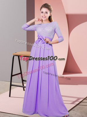 Chiffon Scoop 3 4 Length Sleeve Side Zipper Lace and Belt Dama Dress in Lavender