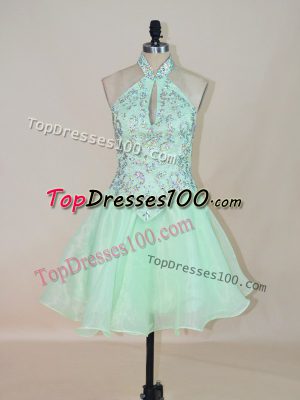 Sleeveless Organza Mini Length Lace Up Prom Dress in Apple Green with Beading