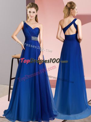 Blue Evening Dress Prom and Party with Beading One Shoulder Sleeveless Brush Train Criss Cross