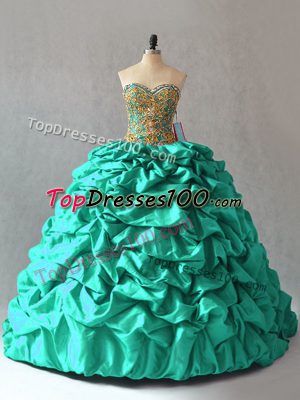 Taffeta Sweetheart Sleeveless Brush Train Lace Up Beading and Pick Ups Sweet 16 Dresses in Turquoise