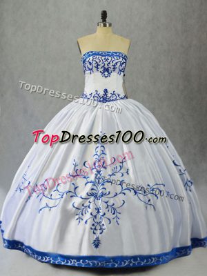 Blue And White Satin Lace Up Strapless Sleeveless Floor Length Quinceanera Gown Embroidery