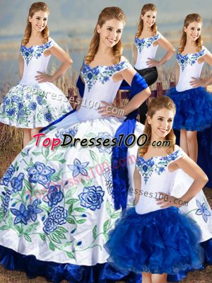 Customized Satin and Organza Off The Shoulder Sleeveless Lace Up Embroidery and Ruffles Sweet 16 Dresses in Blue And White