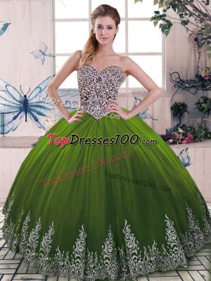 Unique Olive Green Sweetheart Lace Up Beading and Embroidery Sweet 16 Dresses Sleeveless
