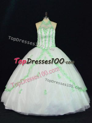 Discount White Lace Up Halter Top Appliques Quinceanera Dress Tulle Sleeveless