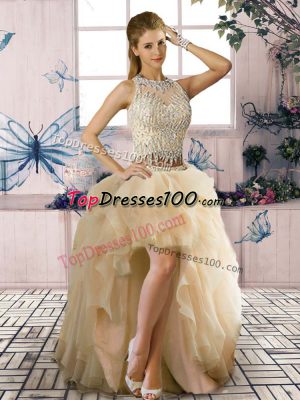 Eye-catching Tulle Scoop Sleeveless Clasp Handle Beading and Ruffles in Champagne
