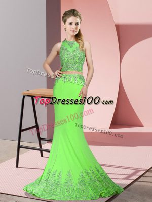 High-neck Sleeveless Homecoming Dress Sweep Train Beading and Appliques Satin