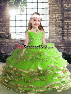 Organza Lace Up Straps Sleeveless Floor Length Little Girls Pageant Gowns Beading and Ruching