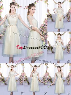 Shining Scoop Sleeveless Damas Dress Tea Length Lace and Belt Champagne Tulle