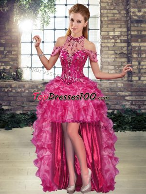 Ideal Fuchsia Sleeveless Organza Lace Up Pageant Dress for Prom and Party