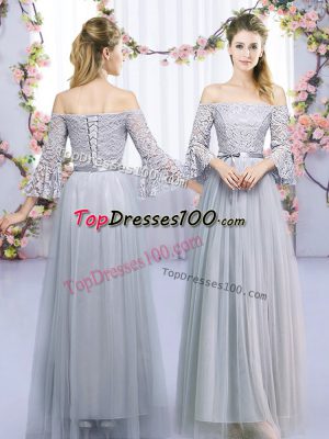 3 4 Length Sleeve Lace Up Floor Length Lace and Belt Bridesmaids Dress