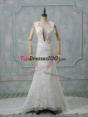 White Sleeveless Chiffon Court Train Zipper Wedding Gown for Wedding Party