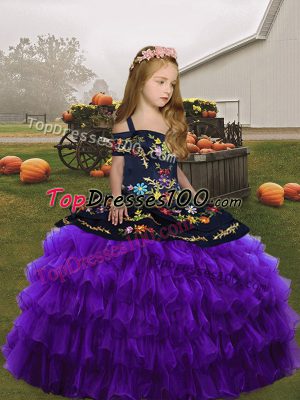 Classical Purple Organza Straps Sleeveless Floor Length Pageant Gowns For Girls Embroidery