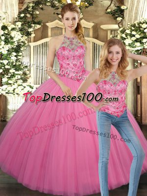 Custom Design Rose Pink Halter Top Neckline Embroidery Sweet 16 Dress Sleeveless Lace Up