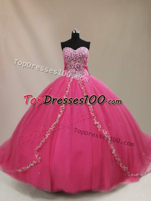 Hot Pink Lace Up Quinceanera Gown Beading Sleeveless Court Train