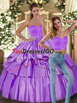 Hot Selling Lilac Two Pieces Satin Sweetheart Sleeveless Ruffled Layers Floor Length Backless Sweet 16 Dresses