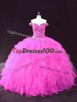 Low Price Fuchsia Tulle Lace Up Quince Ball Gowns Sleeveless Floor Length Beading and Ruffles