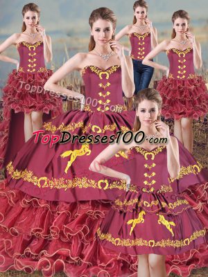 Ideal Burgundy Ball Gowns Embroidery and Ruffles Sweet 16 Dresses Lace Up Satin and Organza Sleeveless