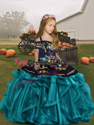 Floor Length Teal Little Girls Pageant Dress Wholesale Organza Sleeveless Embroidery and Ruffles
