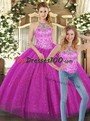 Most Popular Fuchsia Sleeveless Beading Floor Length 15th Birthday Dress