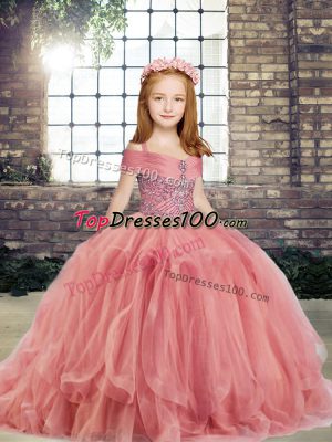 Attractive Watermelon Red Tulle Lace Up Pageant Gowns For Girls Sleeveless Floor Length Beading