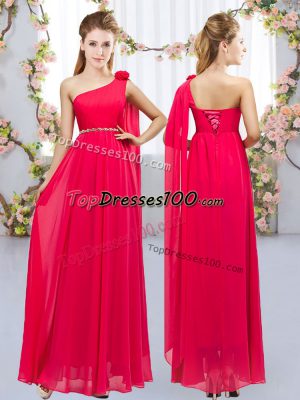 Best Floor Length Red Vestidos de Damas Chiffon Sleeveless Beading and Hand Made Flower