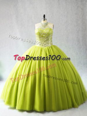 Yellow Green Ball Gowns Beading Quinceanera Gown Lace Up Tulle Sleeveless