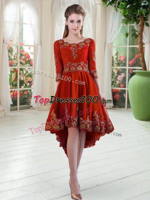 High Low A-line Long Sleeves Red Prom Party Dress Lace Up