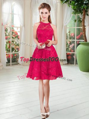 Captivating Red A-line Scoop Sleeveless Lace Knee Length Zipper Dress for Prom