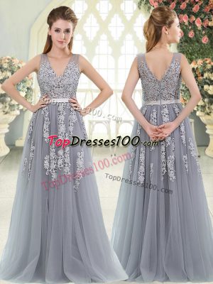 Fashionable Grey Prom Party Dress Prom and Party with Appliques V-neck Sleeveless Zipper