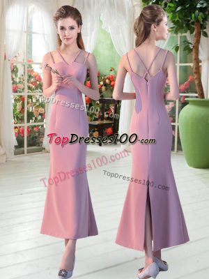 Sweet Sleeveless Satin Ankle Length Zipper Prom Gown in Pink with Ruching