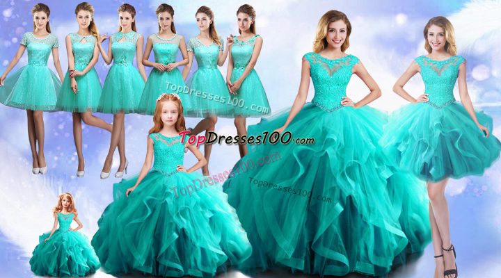 Elegant Cap Sleeves Lace Up 15 Quinceanera Dress in Aqua Blue with Beading