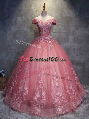 Watermelon Red Lace Up Off The Shoulder Appliques 15 Quinceanera Dress Tulle Sleeveless