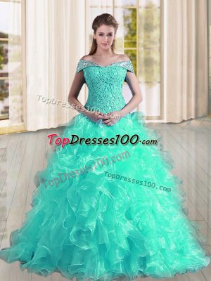 Designer Sleeveless Sweep Train Lace Up Beading and Lace and Ruffles Ball Gown Prom Dress