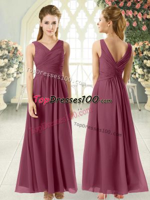 Ankle Length Burgundy Juniors Party Dress Chiffon Sleeveless Ruching